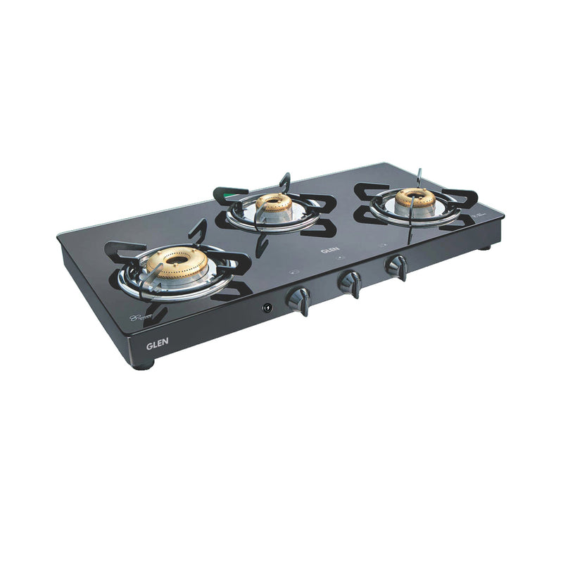 3 Burner Glass Gas Stove High Flame Forged Brass Burner XL Double Drip Tray Black (CT1033GTXLFBBLDD) - Manual/Auto Ignition