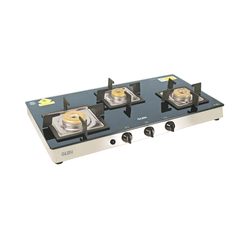 3 Burner Glass Gas Stove with High Flame Forged Brass Burner (CT1038SQGTFB) - Manual/Auto Ignition