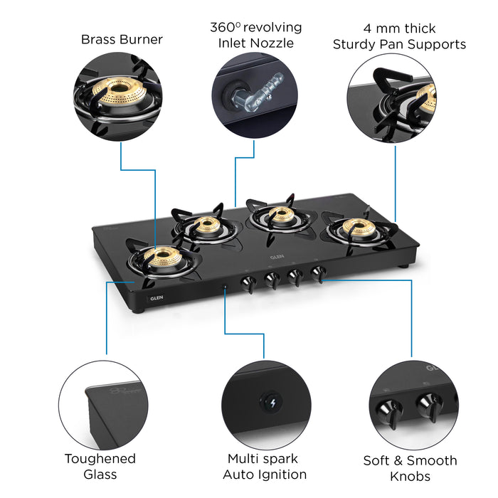4 Burner Glass Gas Stove Extra Wide 1 High Flame 3 Brass Burners (CT1044GTXL) - Manual/Auto Ignition
