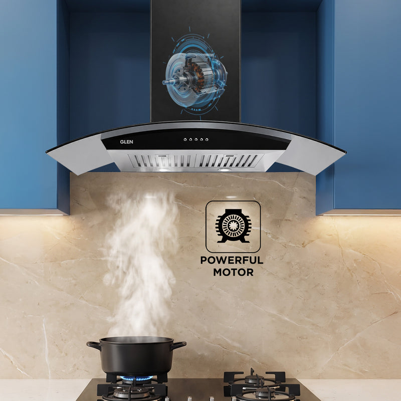 Kitchen Chimney Curved Glass, Push Buttons Baffle filter 90cm 1250 m3/h -Silver with Black Hood (6071 GF)