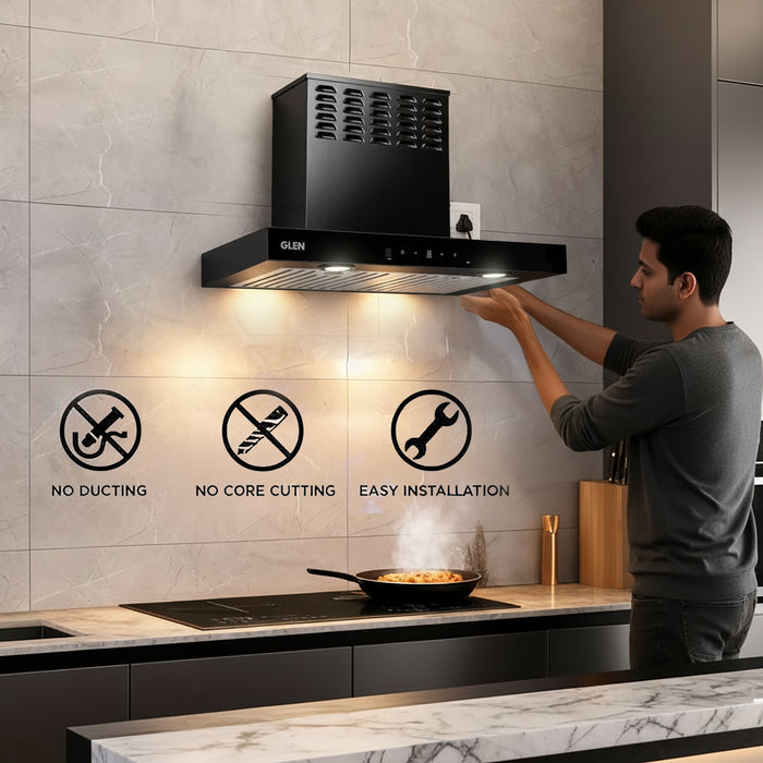 Wall Mounted Duct Free Kitchen Chimney Plug & Clear with Baffle filters 60cm 1100 m3/h -Black (CH6052DFMSBFBL60)