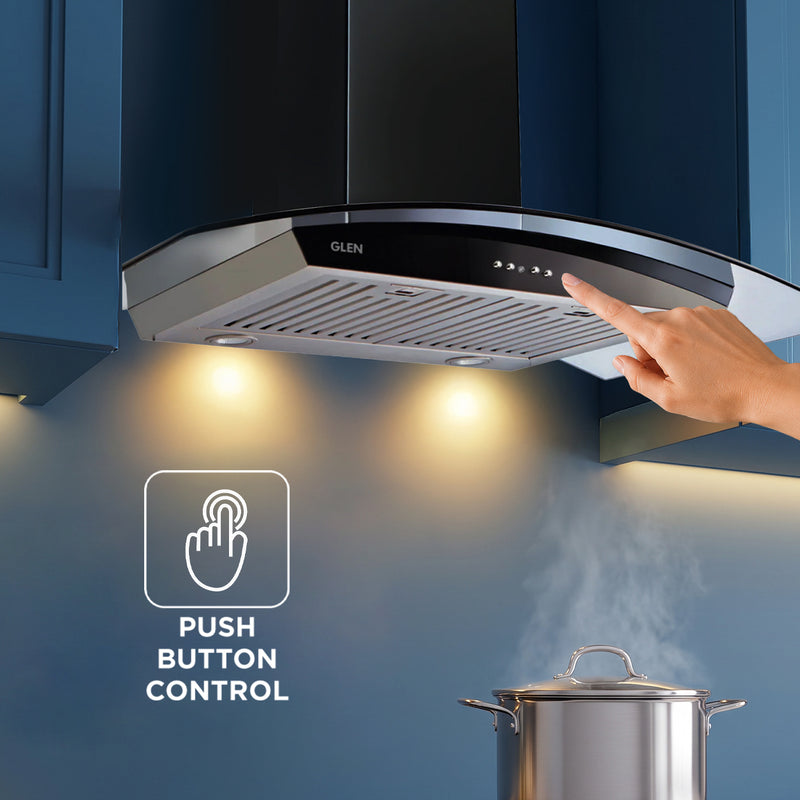 Kitchen Chimney Curved Glass, Push Buttons Baffle filter 90cm 1250 m3/h -Silver with Black Hood (6071 GF)