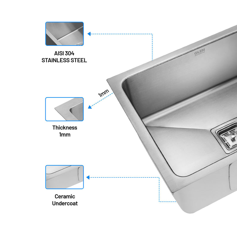 Stainless Steel Grade 304 Sink for Kitchen, Single Bowl Press Sink 24x18x9 inches, Matte Finish (KS-SP24189SBLRM)