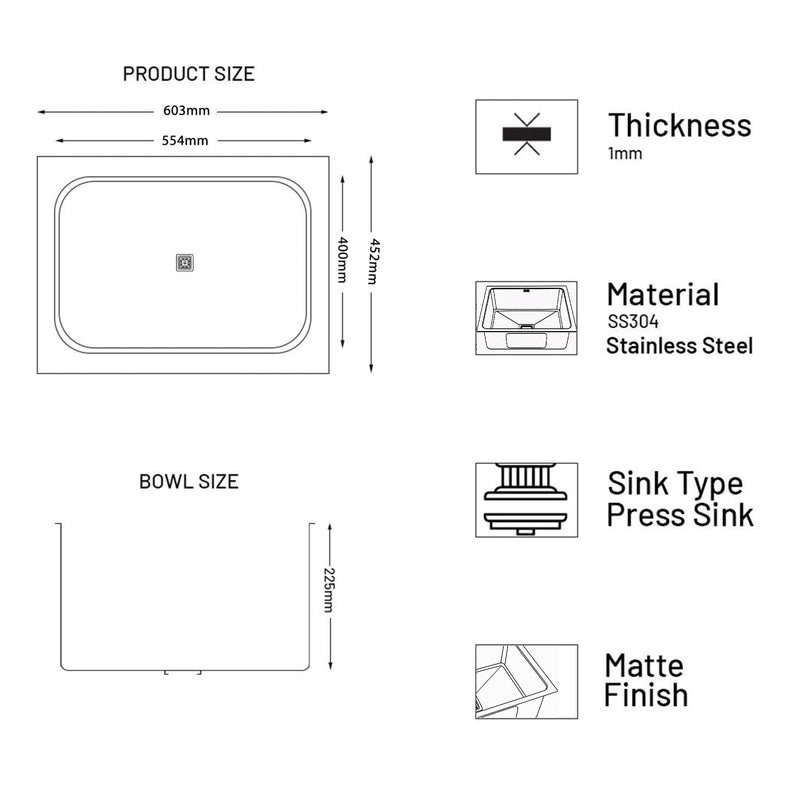 Stainless Steel Grade 304 Sink for Kitchen, Single Bowl Press Sink 24x18x9 inches, Matte Finish (KS-SP24189SBLRM)