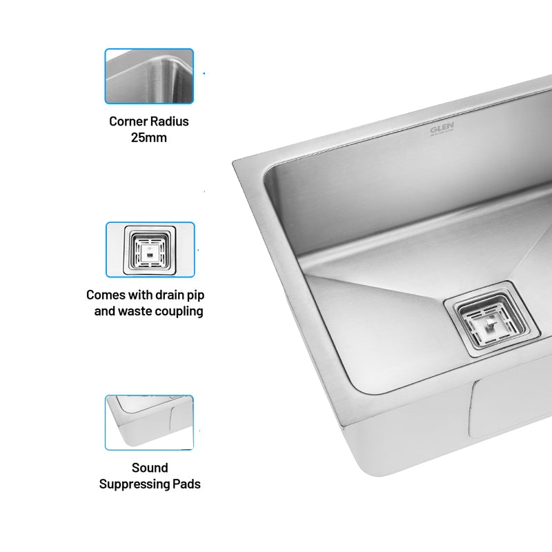 Stainless Steel Grade 304 Sink for Kitchen, Single Bowl Press Sink 24x18x9 inches, Matte Finish (KS-SP24189SBLRM)
