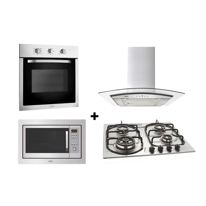 Built-In-Oven (BO-607T) + Glen Built-in-Microwave (MO-677) + Built In Hob (BH1061DBTRSS) + Curved Glass Chimney 60cm 1000m3/h (CH6071EX60BFLTW)
