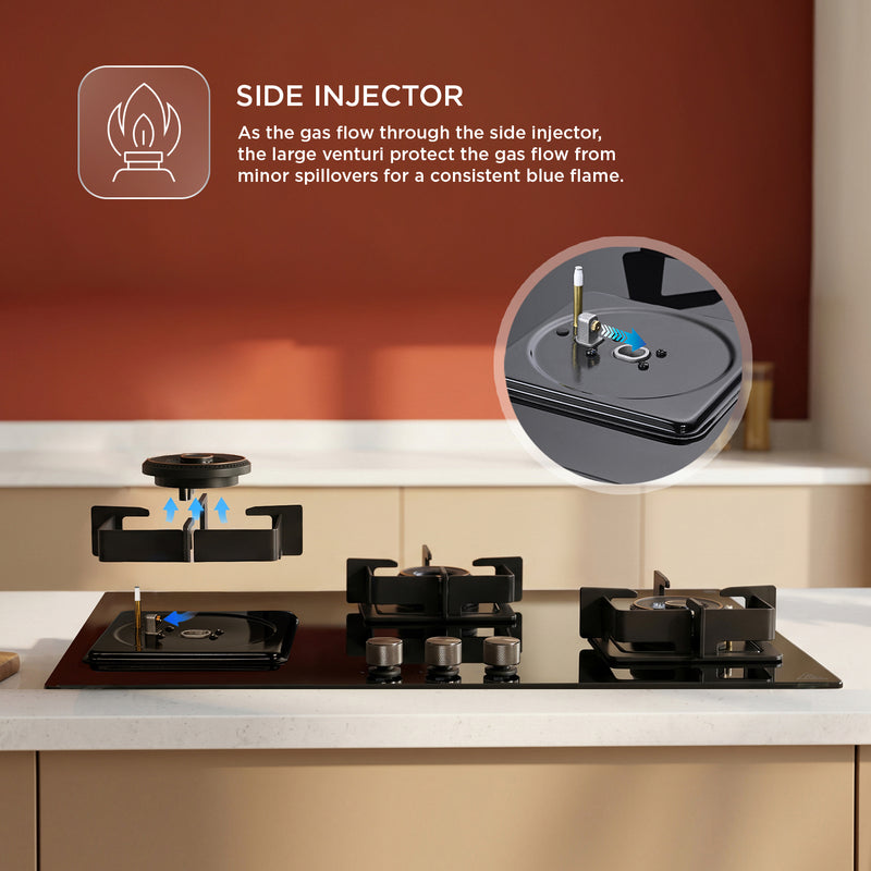 3 Burner DFVS XL Glass Hob with 2 Triple Ring Forged Brass Burners Auto Ignition (BH1093XLDFHT2TR)