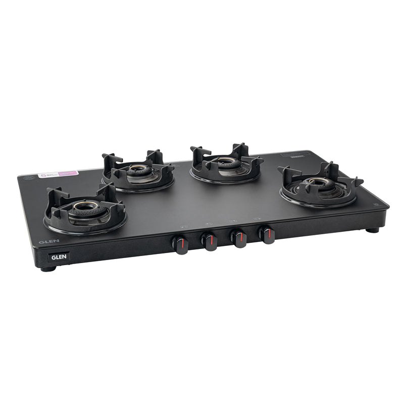 4 Burner Slim Matt Glass Gas Stove with High Flame Brass Burner and Crown Pan Supports - Manual/Auto Ignition (CT1044SLCPBLMG)