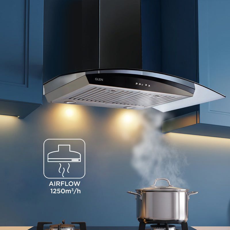 Kitchen Chimney Curved Glass, Push Buttons Baffle filter 90cm 1250 m3/h -Silver with Black Hood (6071 GF)