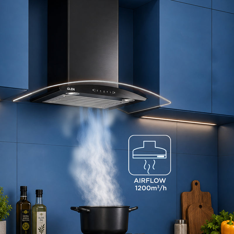 Auto Clean Chimney Curved Glass Baffle Filters with Motion Sensor 60/90cm 1200 m³/h - Black (6063 BL)