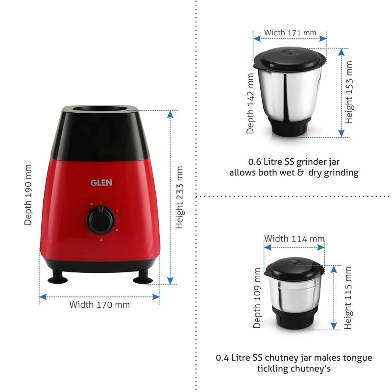 Mixer Grinder 500W with 2 Stainless Steel Grinder and Chutney Jars - Red (4023)