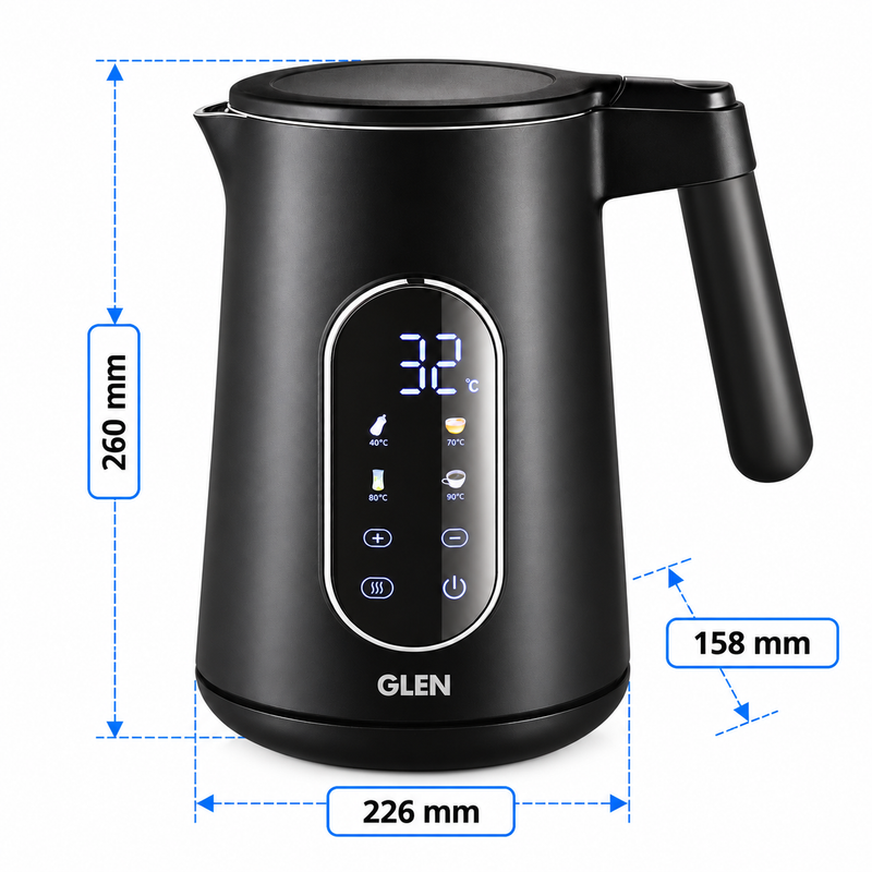 Electric Kettle 1.5 Litre with Digital Display Touch Control and 4 Pre Set Functions, Auto Shutoff, 2000W (SA-9009SSBL)