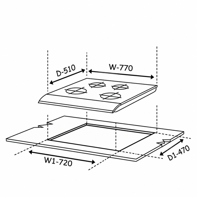 4 Burner DFVS Glass Hob with 2 Triple Ring Total Brass Burners Auto Ignition (BH1074DFTHT2TR77)