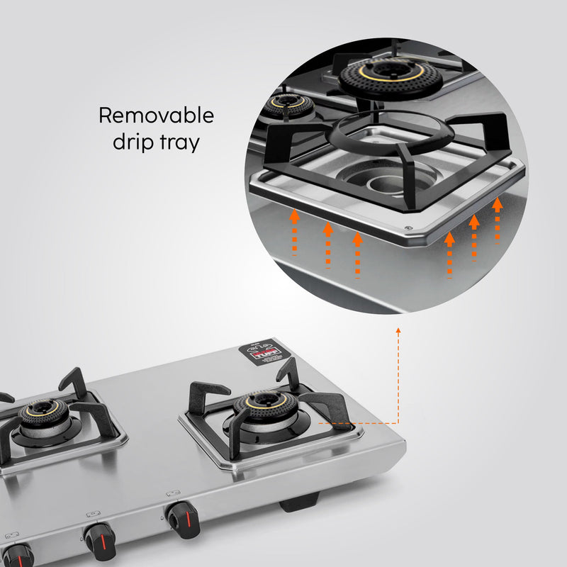Ultra Tuff Stainless Steel LPG Gas Stove 3 Burner | 1 Jumbo Multi-Ring Forged Brass Burner | Manual Ignition | Removal Drip Trays | Warranty 2 Years Standard, 5 Years Burner | 1053UTDTSS
