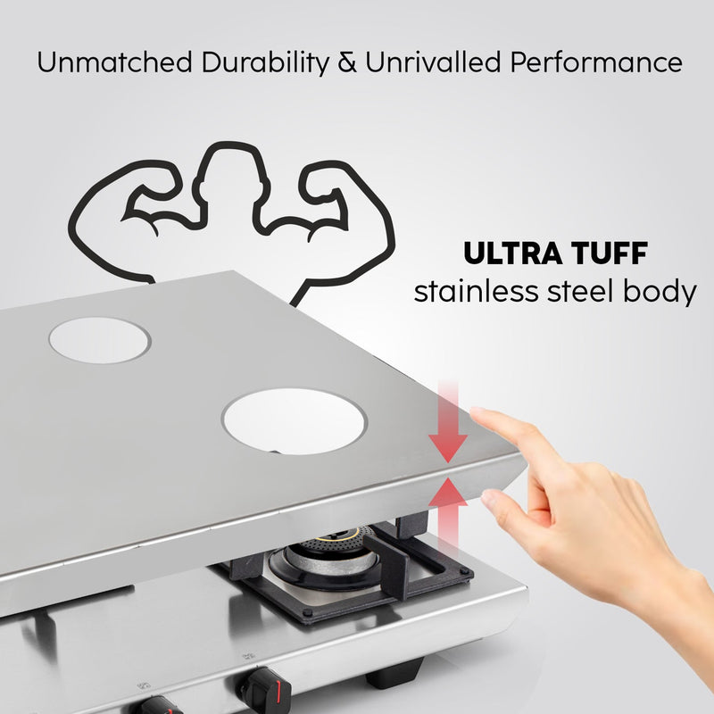 Ultra Tuff Stainless Steel LPG Gas Stove 3 Burner | 1 Jumbo Multi-Ring Forged Brass Burner | Manual Ignition | Removal Drip Trays | Warranty 2 Years Standard, 5 Years Burner | 1053UTDTSS