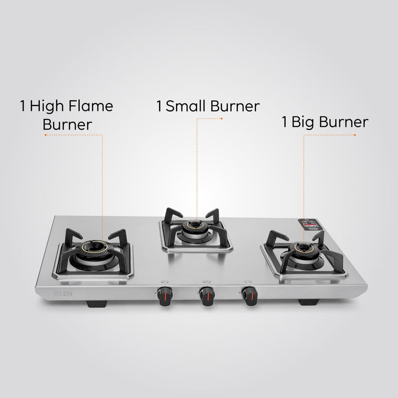Ultra Tuff Stainless Steel LPG Gas Stove 3 Burner | 1 Jumbo Multi-Ring Forged Brass Burner | Manual Ignition | Removal Drip Trays | Warranty 2 Years Standard, 5 Years Burner | 1053UTDTSS