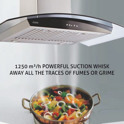 Kitchen Chimney Curved Glass, Glass Front Panel Baffle filter 60cm 1250 m3/h -Silver (CH6071GF60BFLTW)