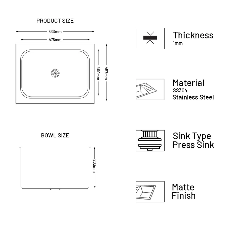 Stainless Steel Grade 304 Sink for Kitchen, Single Bowl Press Sink 21x18x8 inches, Matte Finish (KS-SP21188SBM)