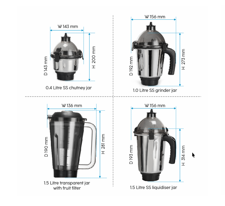 Ultra Tuff Mixer Grinder 1000W with 1 Transparent Jar & 3 Stainless Steel Jars (4031PLUS)