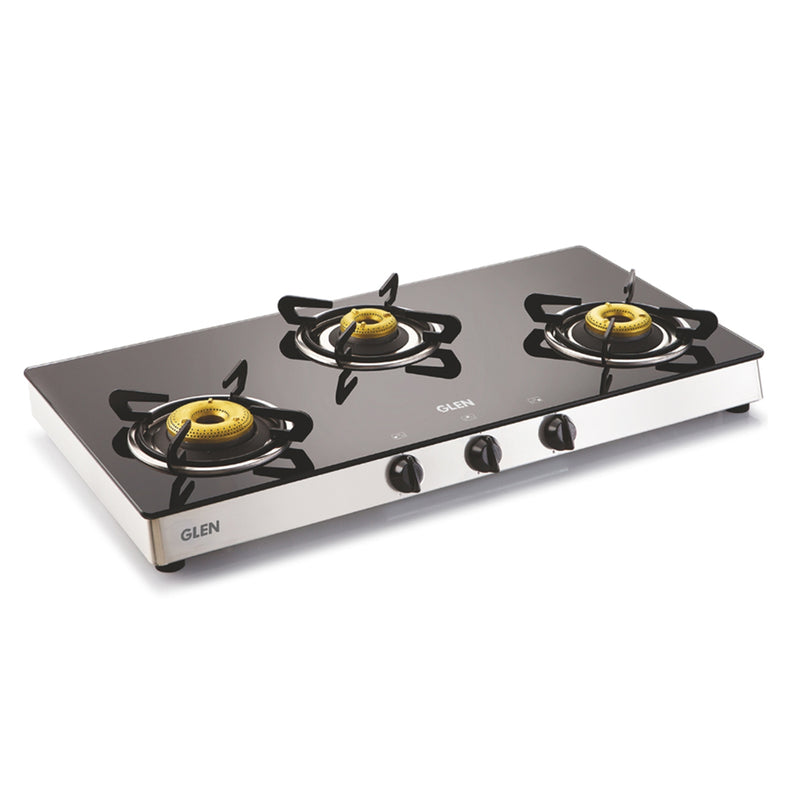 3 Burner Glass Gas Stove with High Flame Forged Brass Burner Double Drip Tray (CT1038GTFB) - Manual/Auto Ignition