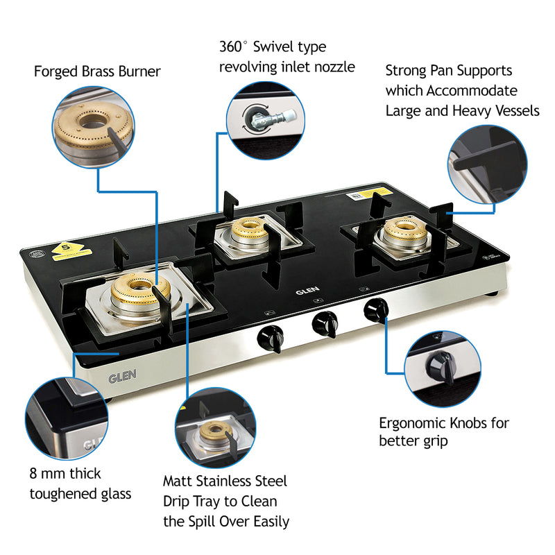 3 Burner Glass Gas Stove with High Flame Forged Brass Burner (CT1038SQGTFB) - Manual/Auto Ignition