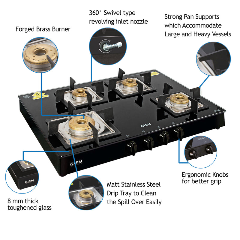 4 Burner Glass Gas Stove 1 High Flame 3 Forged Brass Burner 70 CM Black (CT1048GTSQBLFB)
