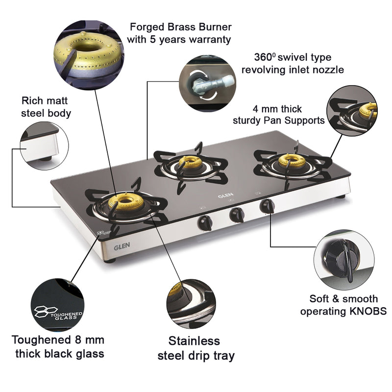 3 Burner Glass Gas Stove with High Flame Forged Brass Burner Double Drip Tray (CT1038GTFB) - Manual/Auto Ignition