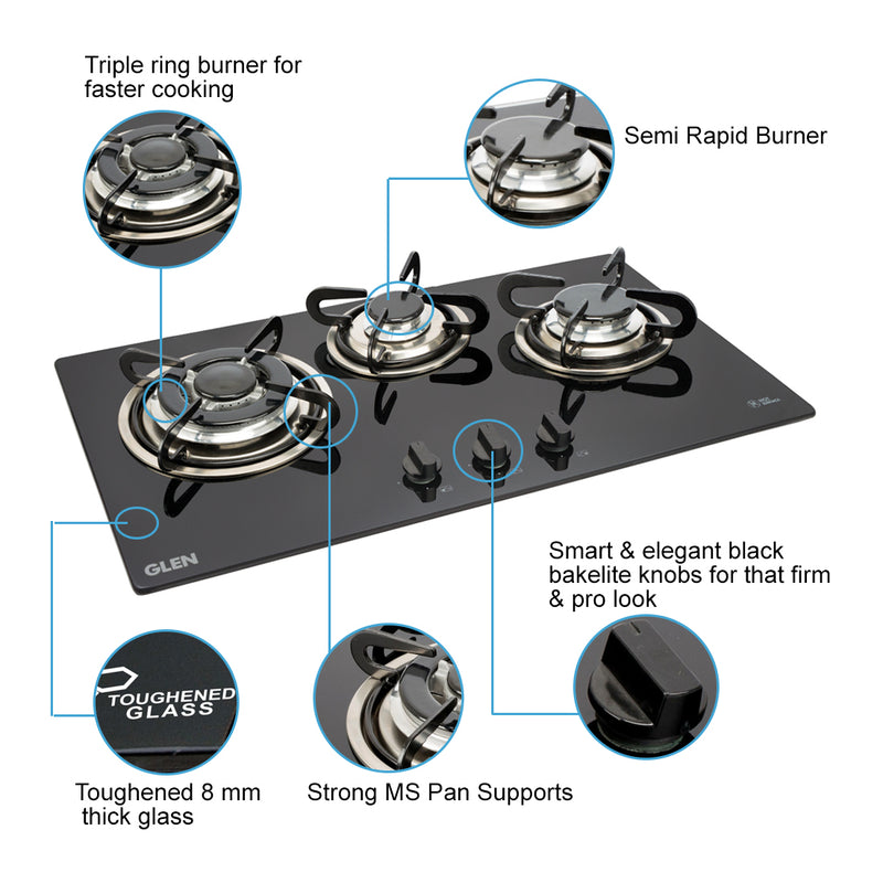3 Burner Built in Glass Hob features