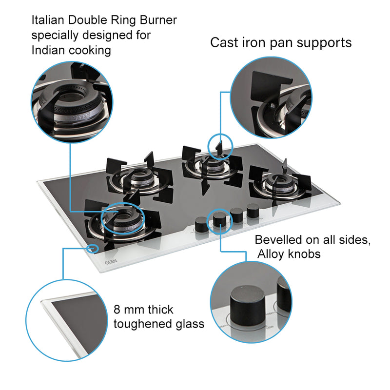 4 Burner Built-in Glass Hob with Italian Double Ring Burners Auto Ignition (1074 IN BW)