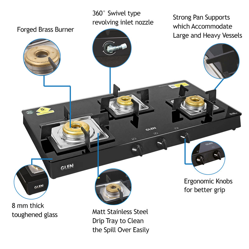 3 Burner Black Glass Gas Stove with High Flame Forged Brass Burner (CT1038SQBLFB) - Manual/Auto Ignition