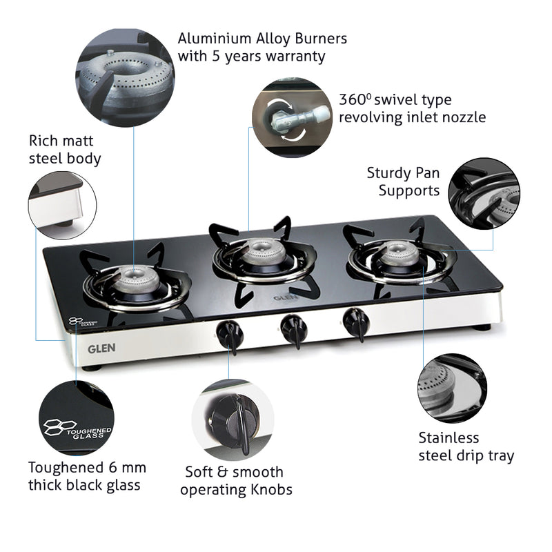3 Burner  Glass Gas Stove with Aluminium Alloy Burner (CT1033GTAL)