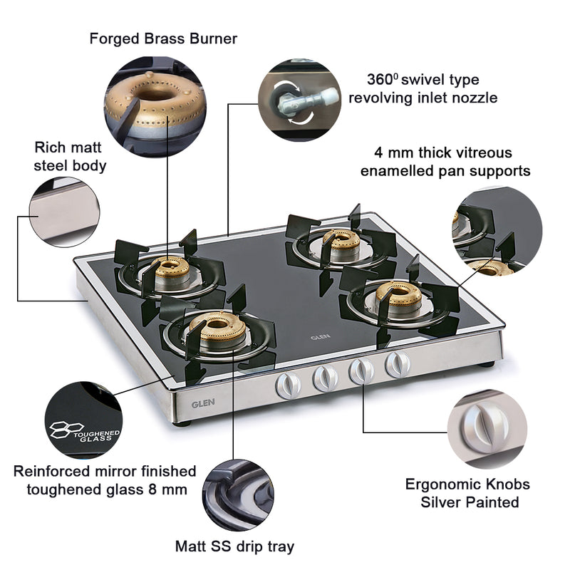 4 Burner Glass Gas Stove Mirror Finish 1 High Flame 3 Forged Brass Burner 60 CM (CT1042GTFBM) - Manual/Auto Ignition