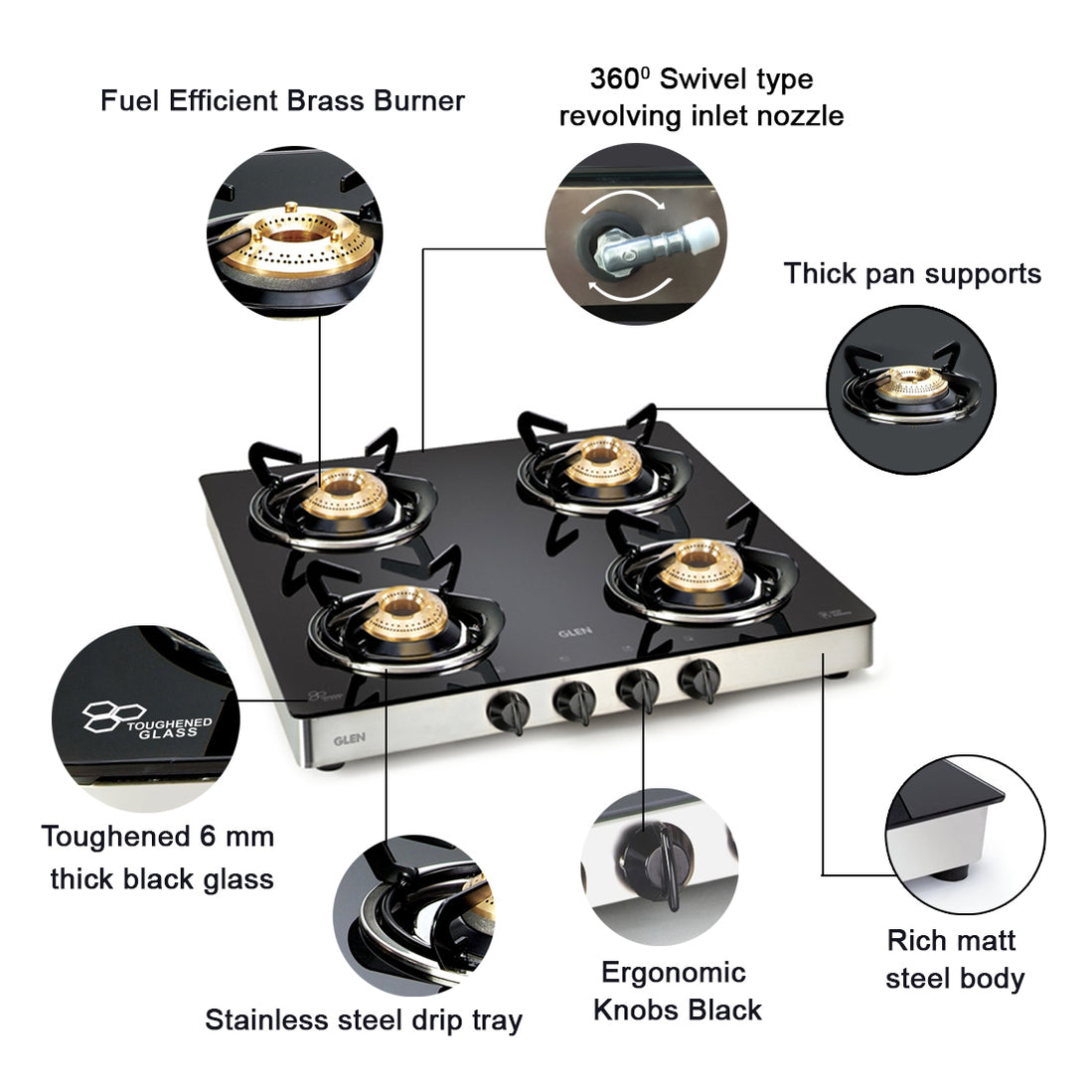Buy 4 Burner Gas Stove with Brass Burner Online Glen — Glen