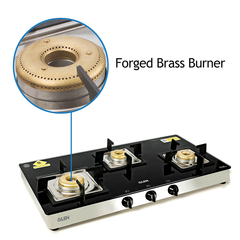 3 Burner Glass Gas Stove with High Flame Forged Brass Burner (CT1038SQGTFB) - Manual/Auto Ignition