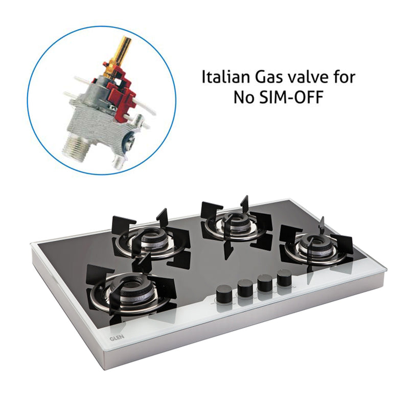 4 Burner Glass Hob Top SS Frame Italian Double Ring Burner Auto Ignition (1074 FIN BW)