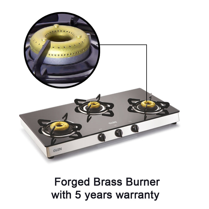 3 Burner  Glass Gas Stove with High Flame Forged Brass Burner Double Drip Tray (1038 GT FB)