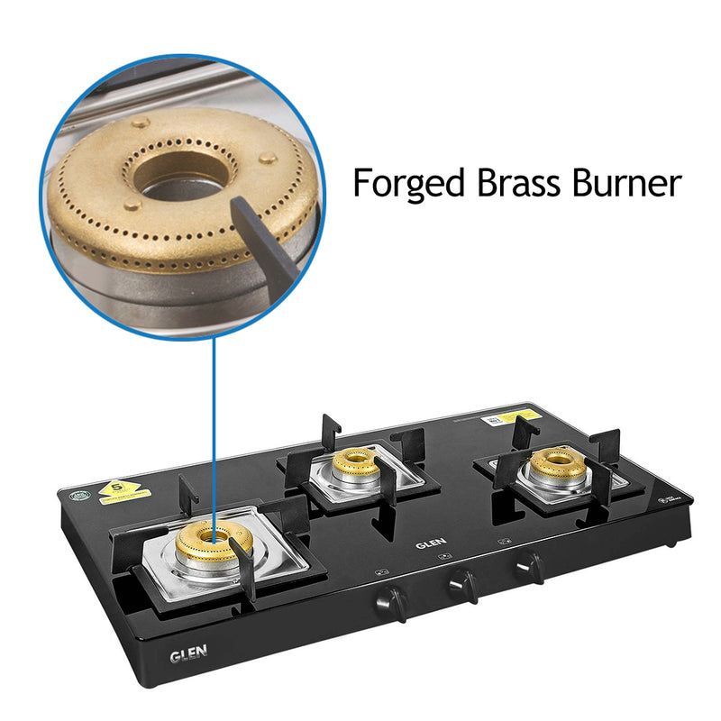 3 Burner Black Glass Gas Stove with High Flame Forged Brass Burner (CT1038SQBLFB) - Manual/Auto Ignition