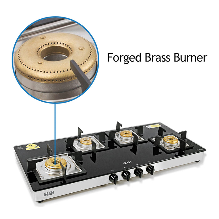 4 Burner Glass Gas Stove Extra Wide 1 High Flame 3 Forged Brass Burner (1049 SQGT FB)