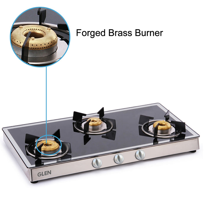 3 Burner Mirror Finish Glass Gas Stove with High Flame Forged Brass Burner (1038GT FBM) - Manual/Auto Ignition