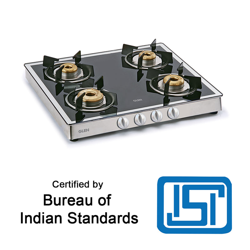 4 Burner Glass Gas Stove Mirror Finish 1 High Flame 3 Forged Brass Burner 60 CM (CT1042GTFBM) - Manual/Auto Ignition