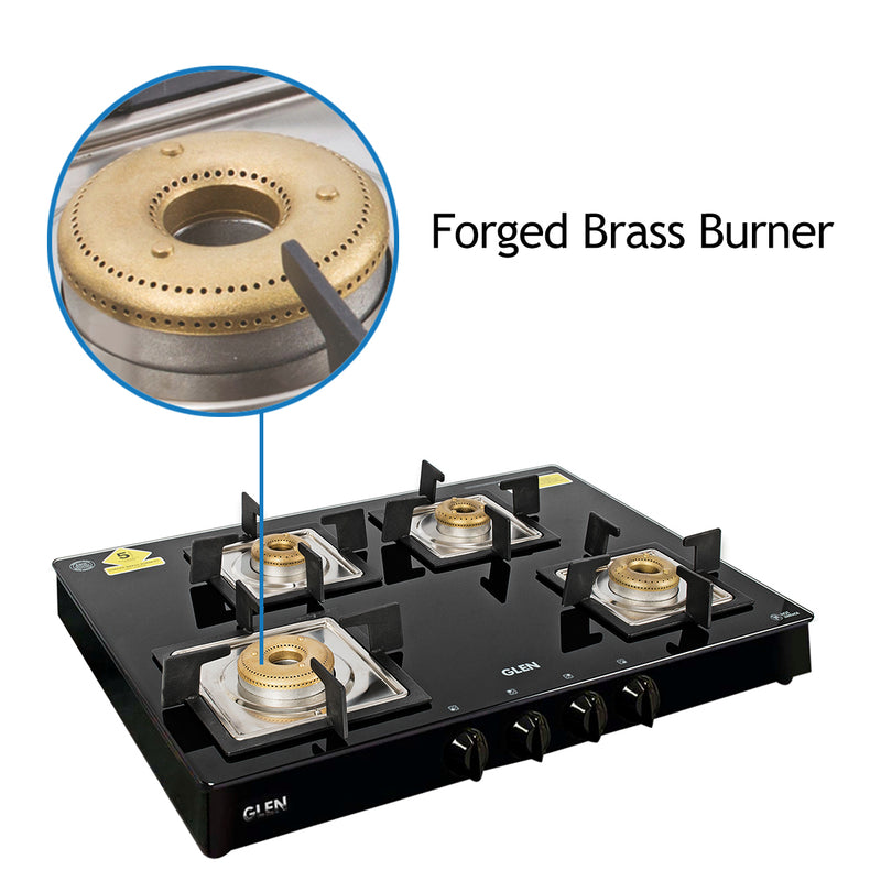 4 Burner Glass Gas Stove 1 High Flame 3 Forged Brass Burner 70 CM Black (CT1048GTSQBLFB)