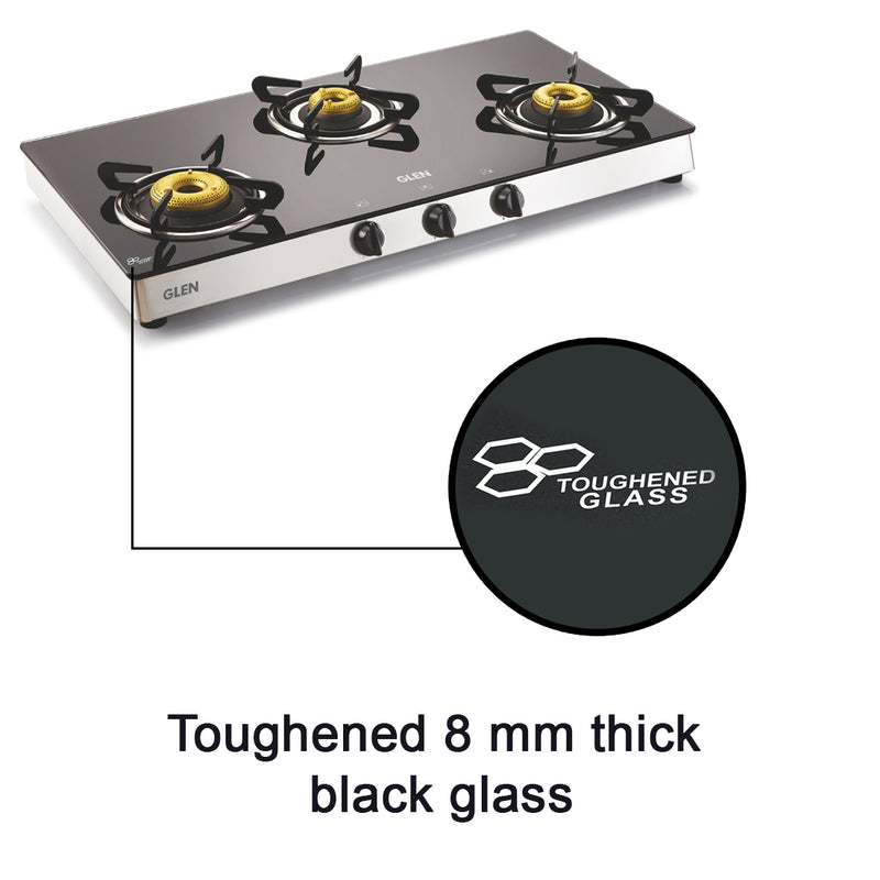 3 Burner Glass Gas Stove with High Flame Forged Brass Burner Double Drip Tray (CT1038GTFB) - Manual/Auto Ignition