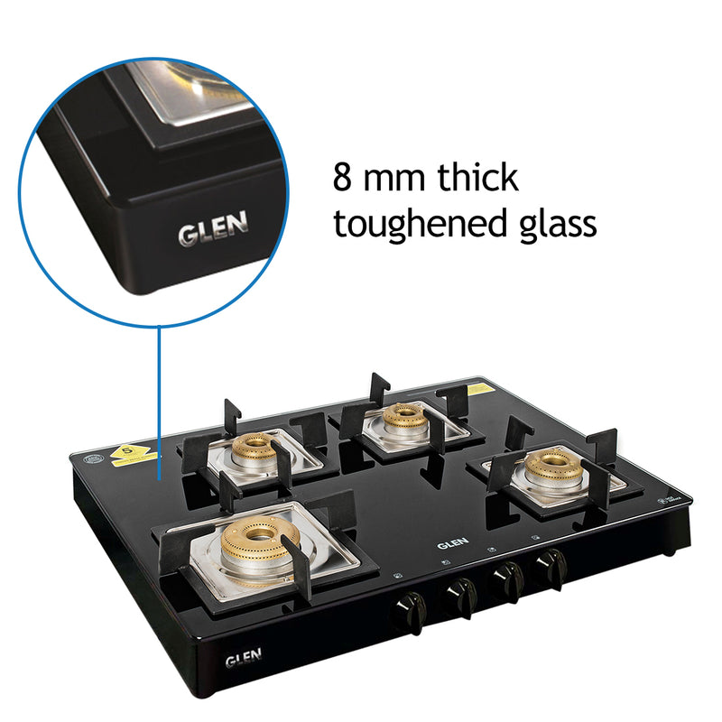 4 Burner Glass Gas Stove 1 High Flame 3 Forged Brass Burner 70 CM Black (CT1048GTSQBLFB)