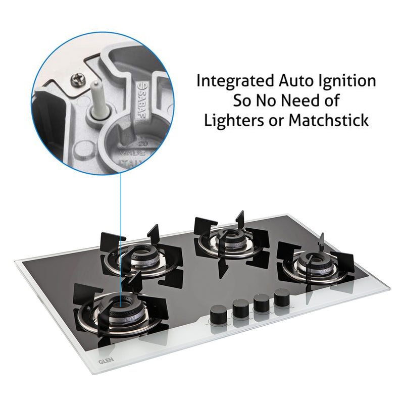 4 Burner Built-in Glass Hob with Italian Double Ring Burners Auto Ignition (1074 IN BW)
