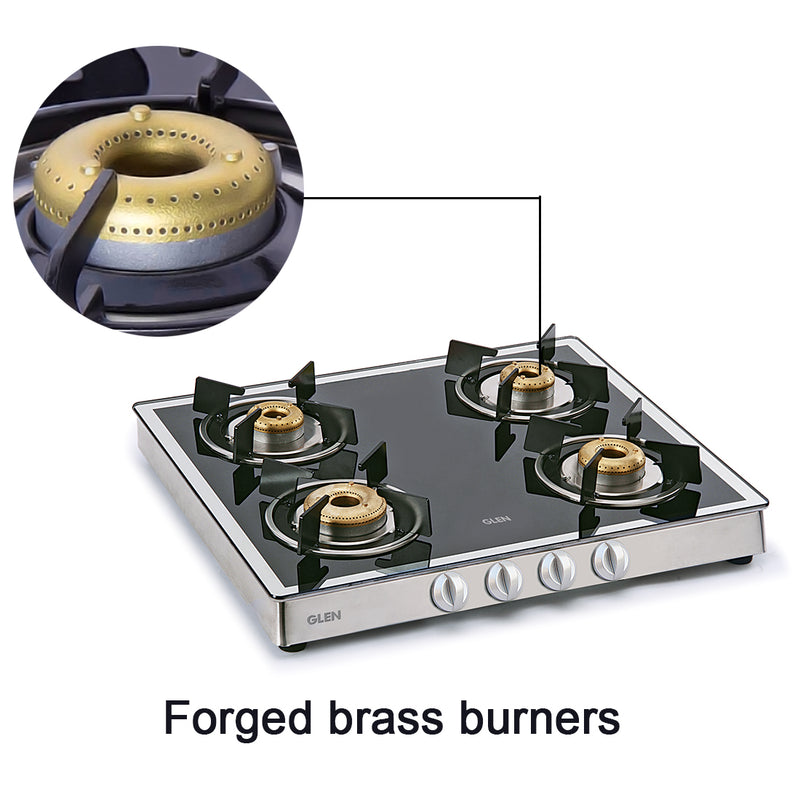 4 Burner Glass Gas Stove Mirror Finish 1 High Flame 3 Forged Brass Burner 60 CM (CT1042GTFBM) - Manual/Auto Ignition