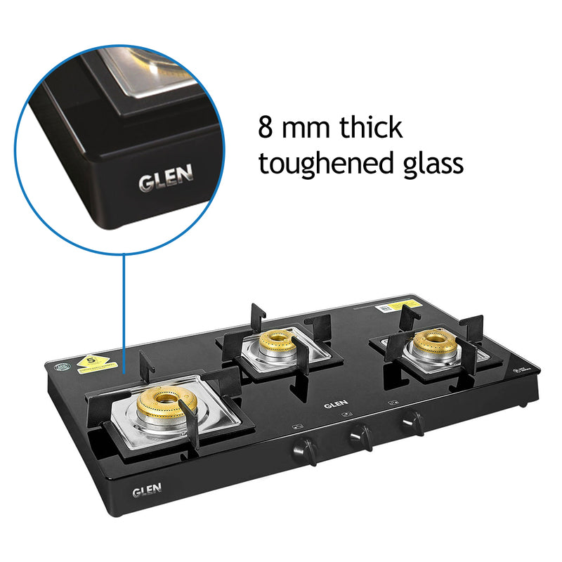 3 Burner Black Glass Gas Stove with High Flame Forged Brass Burner (CT1038SQBLFB) - Manual/Auto Ignition