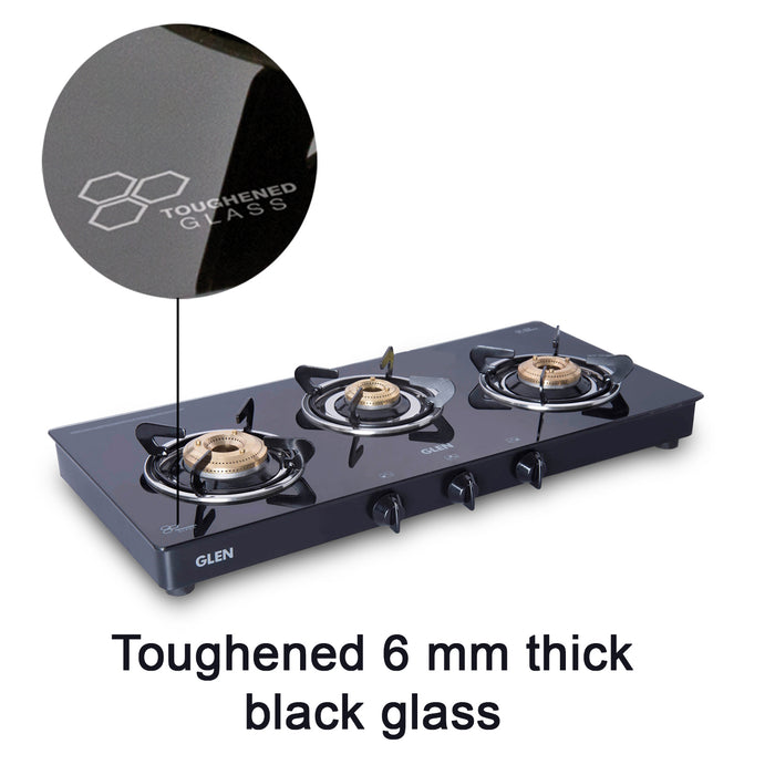 3 Burner  Glass Gas Stove with Brass Burner Black (1033GT BB BL)