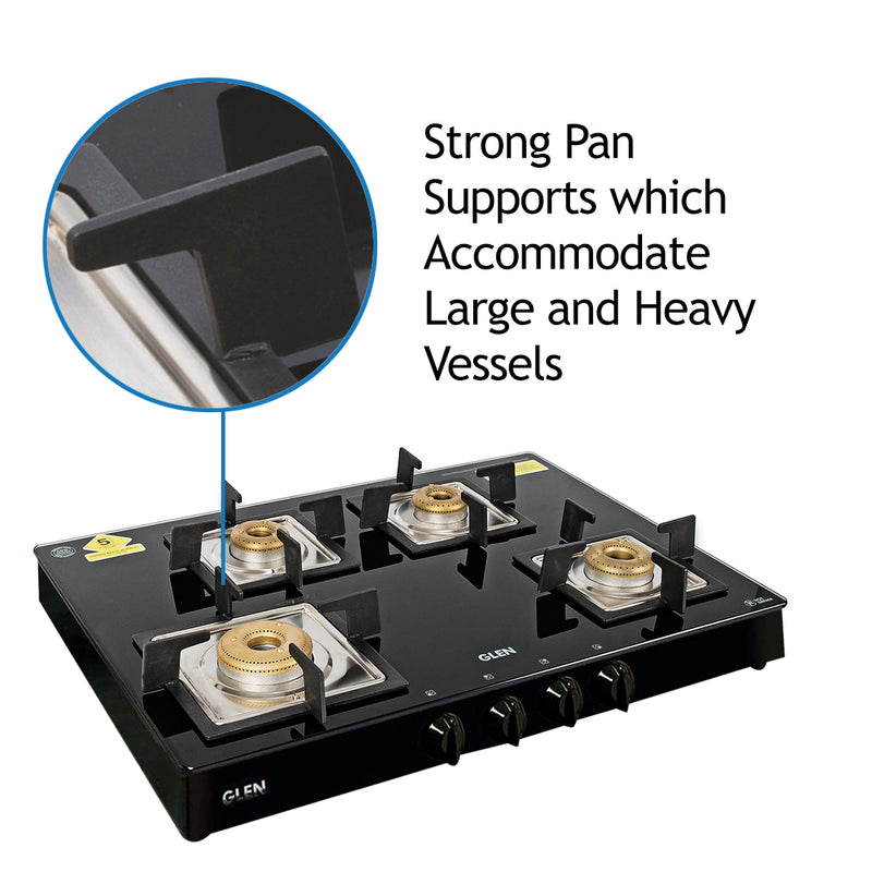 4 Burner Glass Gas Stove 1 High Flame 3 Forged Brass Burner 70 CM Black (CT1048GTSQBLFB)