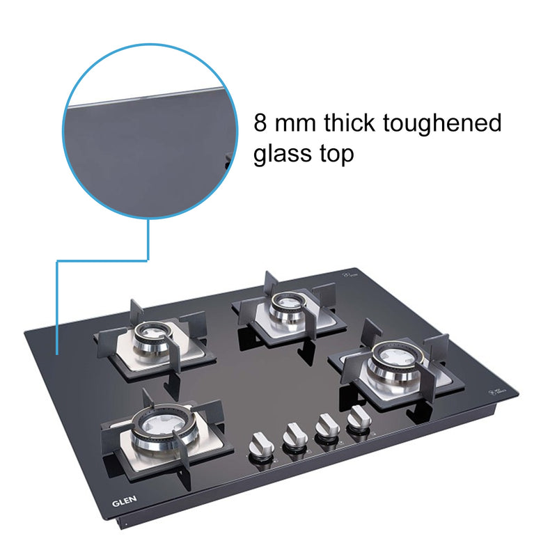 4 Burner Glass Hob Top with Double Ring Forged Brass Burner Auto Ignition (4B70SQHTDB)