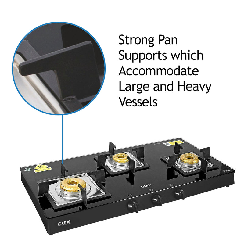 3 Burner Black Glass Gas Stove with High Flame Forged Brass Burner (CT1038SQBLFB) - Manual/Auto Ignition